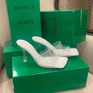 Bottega Veneta White Clear-Strap Mule Heels